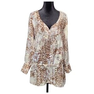 Vertigo Paris Sheer Top M/L Beaded Floral Leopard Print Button Cuff Flowy